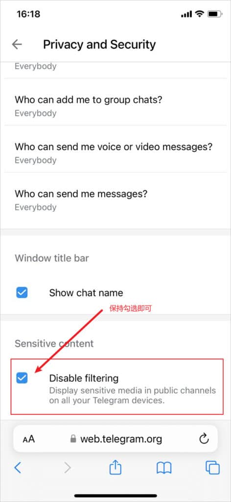 Telegram 网页版停用内容过滤